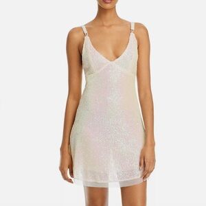 Free People Gold Rush Sequin SMALL Mini Dress Iridescent Icicle Pearl Bow Ivory